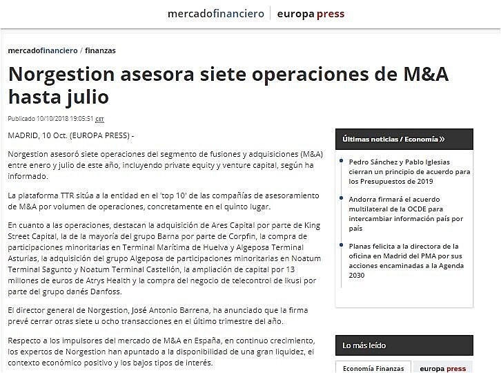 Norgestion asesora siete operaciones de M&A hasta julio